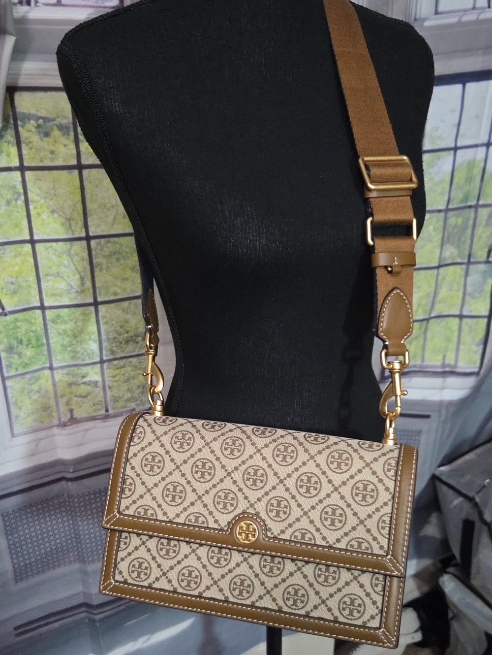 Tory Burch Beige and Brown Logo Canvas Flap Crossbody